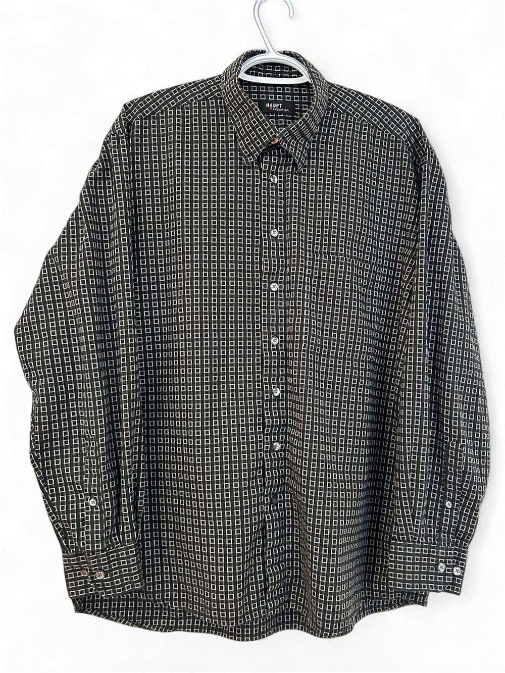 Haupt XL 44 17.5 Navy Blue Button-Up Shirt with White Windowpane Squares